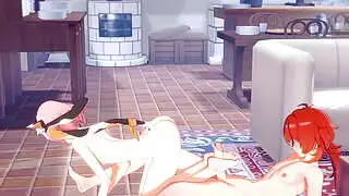 Genshin Impact Hentai - Diluc ve Diona'nın ayakla oral seks yapması ve Diluc boşalana kadar Diona'nın kalçasını ovması - Japon Asya Manga Anime Film Oyun Pornosu